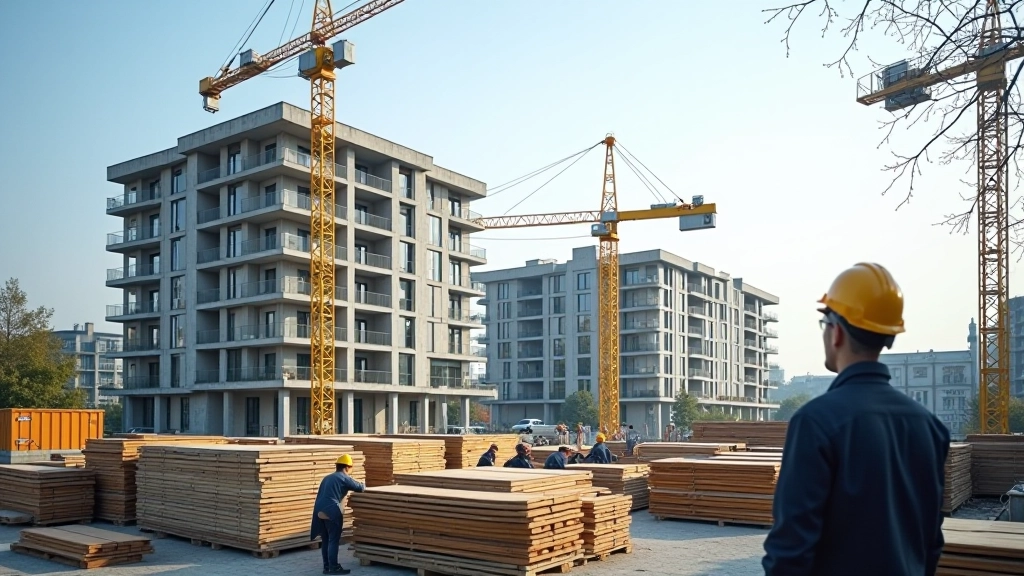 Baustelle mit Kränen und Handwerkern, Neubauvorhaben mit Materialstapeln
