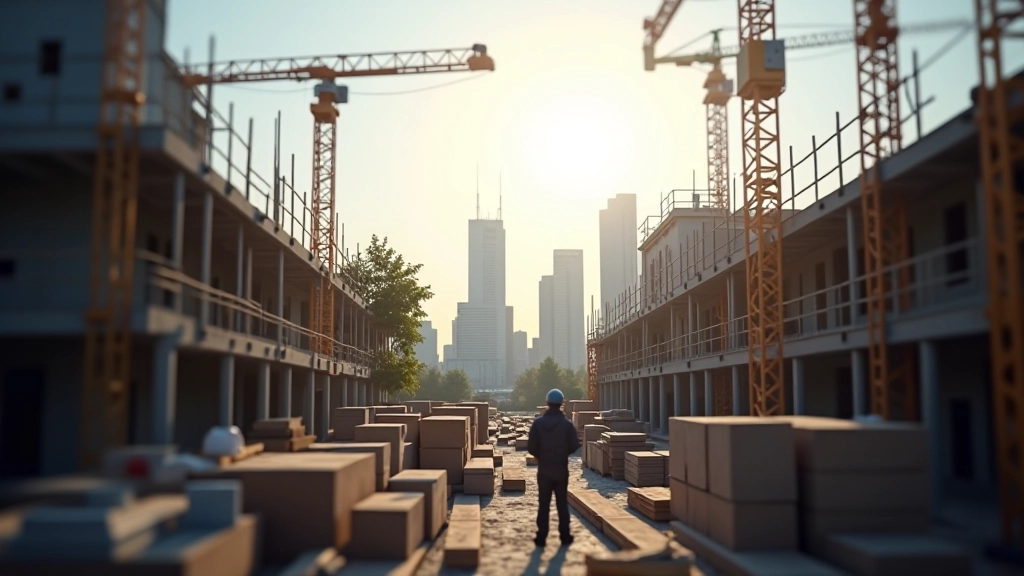 Baustelle mit Baukränen, Gerüsten und Baumaterialien, aktive Konstruktion bei Tageslichtsituation, unscharfer Hintergrund