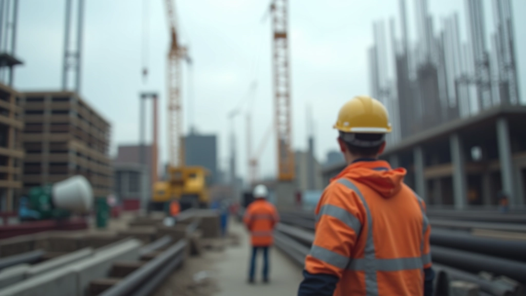 Baustelle mit Kränen und Materialstapeln, Betonmischer und Stahlträger, bewölkter Himmel