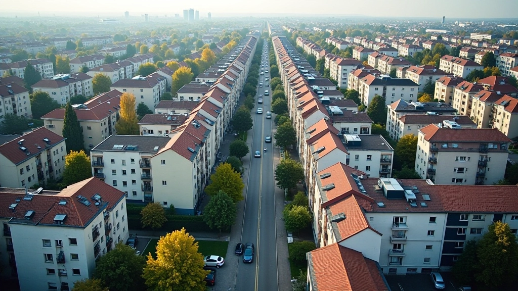 Luftaufnahme eines dicht bebauten Wohnviertels mit zahlreichen Apartmentblöcken und engen Straßen