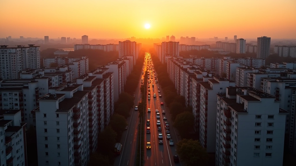 Blick über Stadtlandschaft mit Hochhäusern und Wohnblöcken bei Sonnenuntergang, urbane Verdichtung