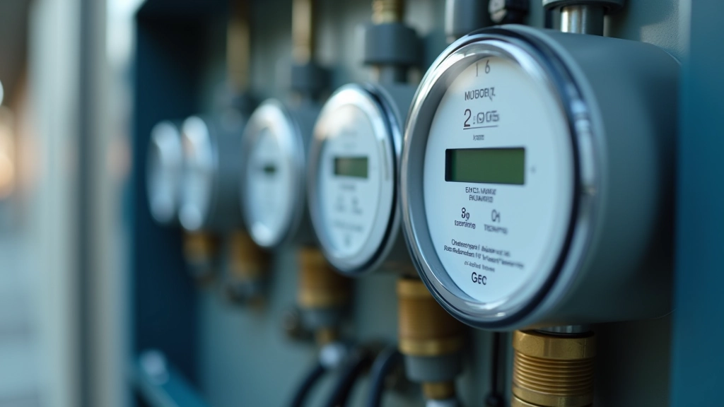 Detailaufnahme verschiedener Haushaltszähler: Wasserzähler, Gaszähler und Stromzähler nebeneinander montiert in einem Zählerkasten