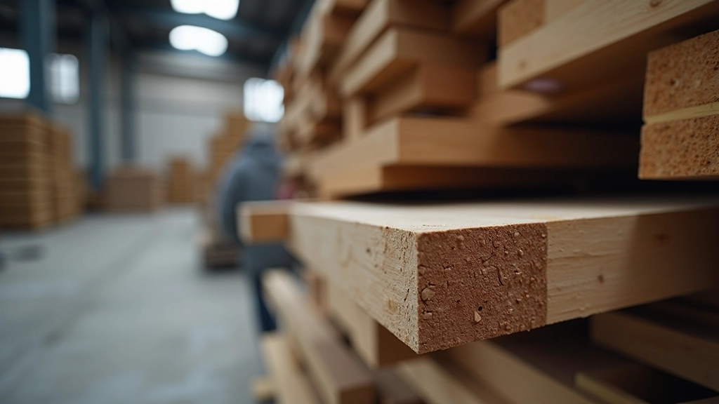 Stahlträger und Holzbalken auf einer Baustelle, Material-Lagerbereich mit verschiedenen Baumaterialien