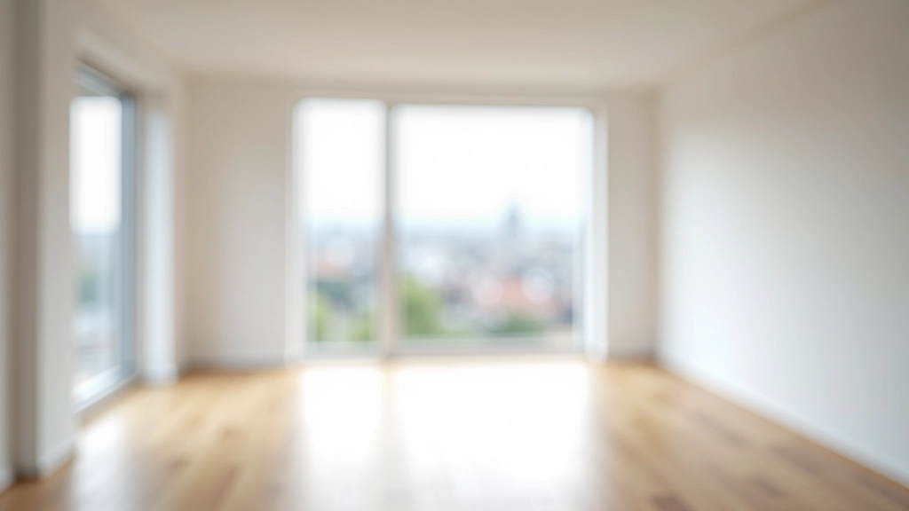 Leerer Wohnraum mit großen Fenstern, Holzböden und modernen Wänden, Tageslichtsituation, minimalistisches Interieur