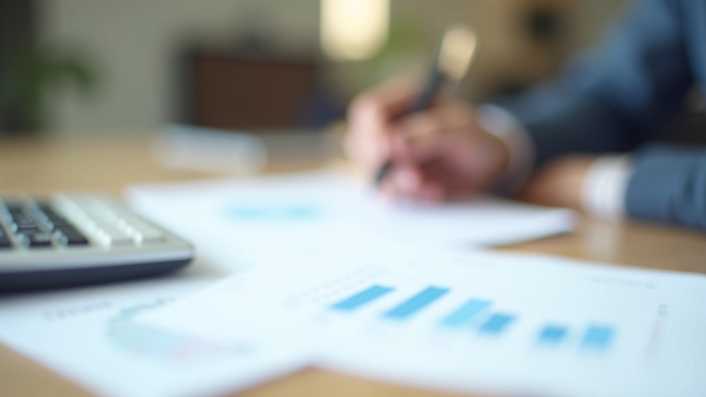 Finanzielle Tabelle und Grafik auf Schreibtisch mit Kalkulator und Notizen