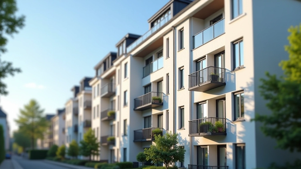 Modernes Mehrfamilienhaus mit Balkonen in urbanem Wohngebiet, zeitgenössische Architektur, Tageslicht
