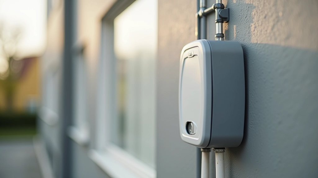 Moderne Wohngebäude mit Heizungsanlagen und Zählerkasten auf der Hauswand, Detailaufnahme der technischen Infrastruktur