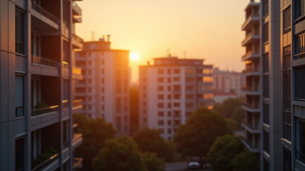 Modernes Wohngebäude mit Balkonen bei Sonnenuntergang, urbanes Viertel mit mehreren Häusern im Hintergrund, goldene Stunde