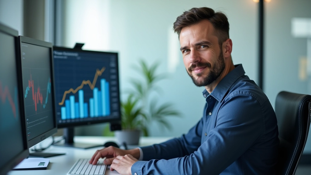 Immobilienmakler in modernem Büro mit Marktdaten auf Bildschirmen, professionelle Arbeitsumgebung