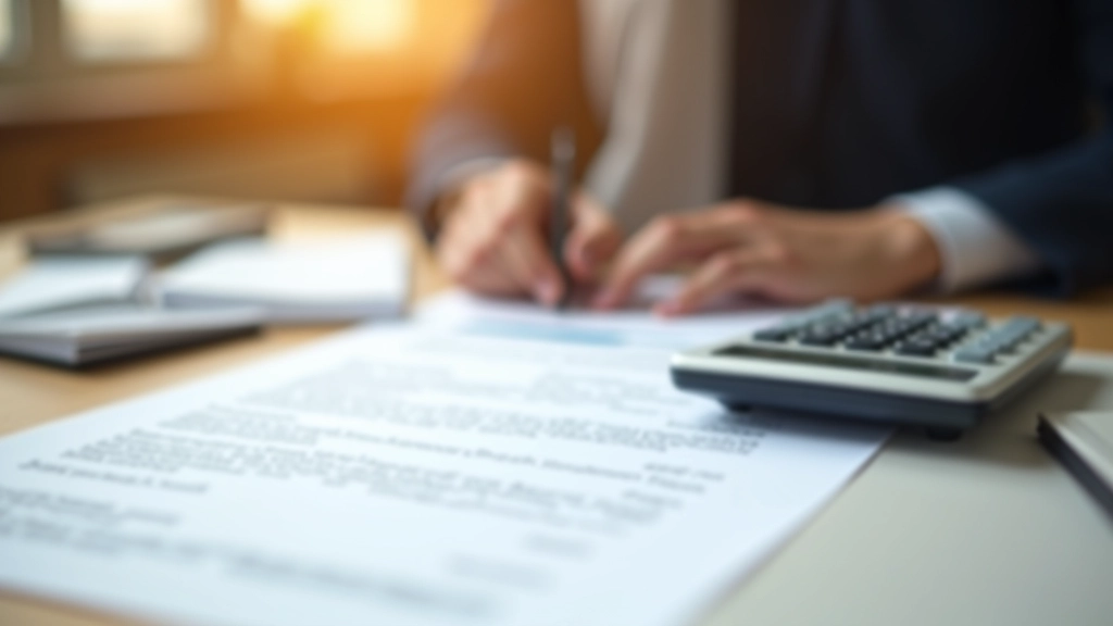 Dokumentenfoto mit Mietvertrag, Taschenrechner und Notizblock auf Holzschreibtisch, warme Beleuchtung, unscharfer Hintergrund