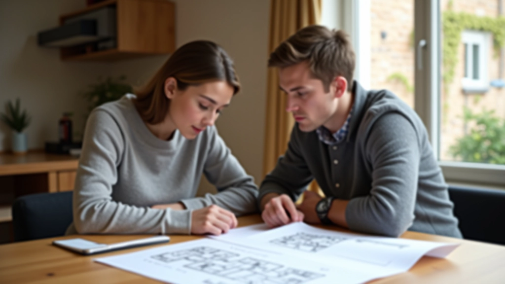 Familie sitzt in leerem Wohnzimmer, schaut sich Grundrisse an, Wohnungssuche